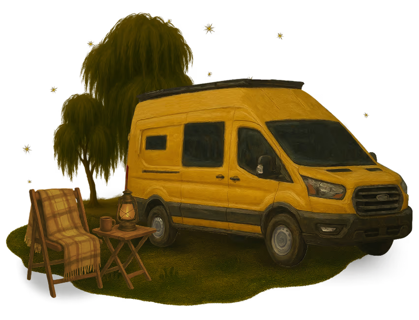 Illustration of a woollen blanket and lantern with wooden camping table and chair next to a yellow campervan at a campsite