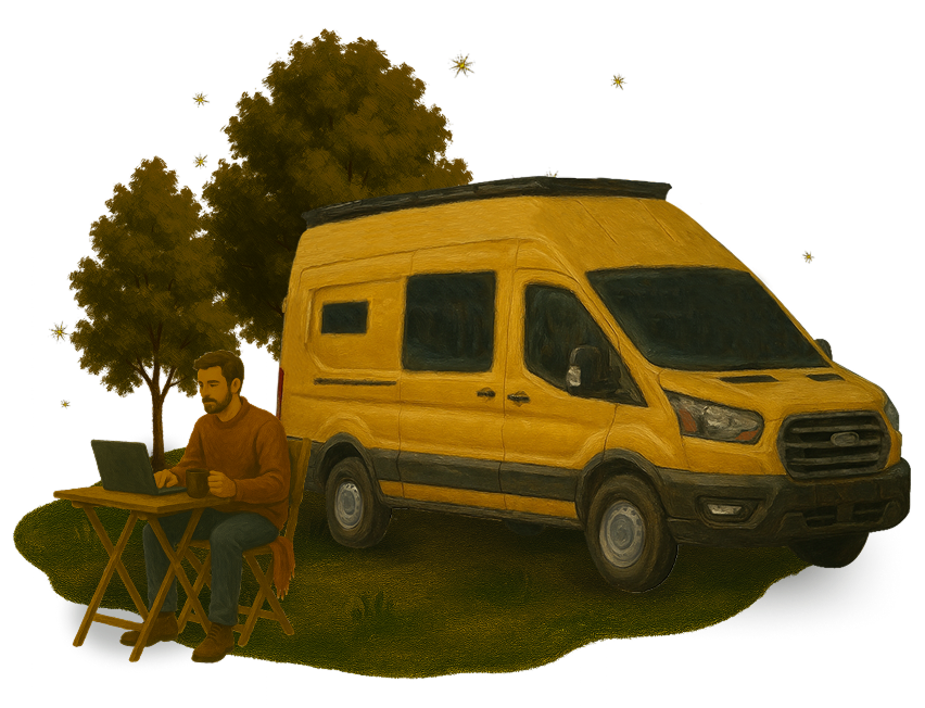 Illustration of a man using laptop on a camping table next to their yellow campervan at a campsite